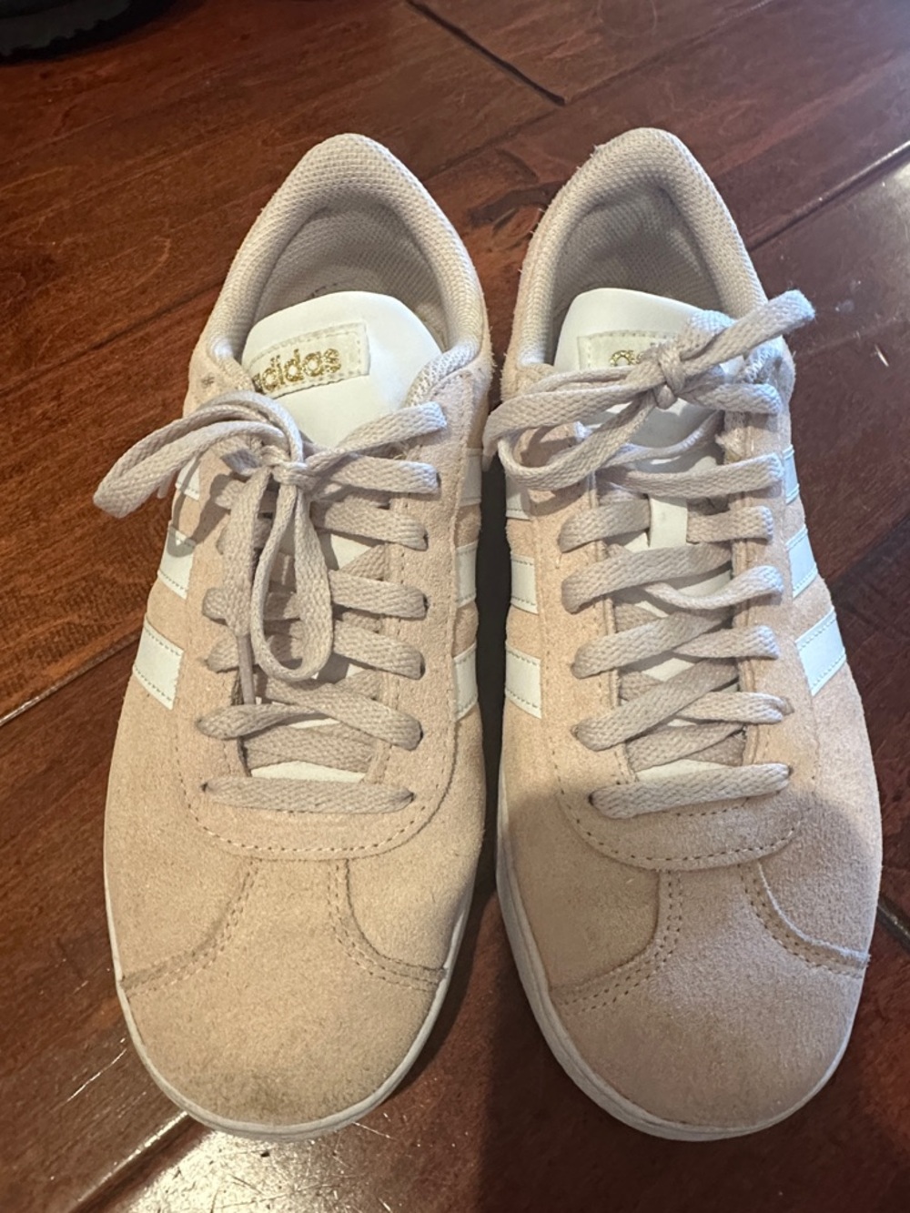 adidas women’s Light Beige/ pink Suede Sneakers with White Stripes